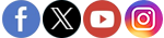 Social media icons for Facebook, X, YouTube, Instagram